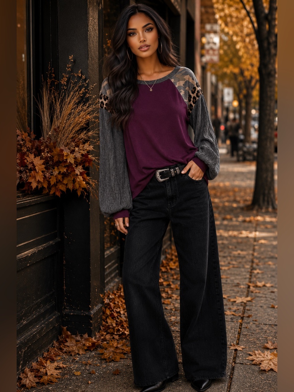 B812. Stylish Chic Plum Raglan Sleeve Pullover Top with Leopard Accent